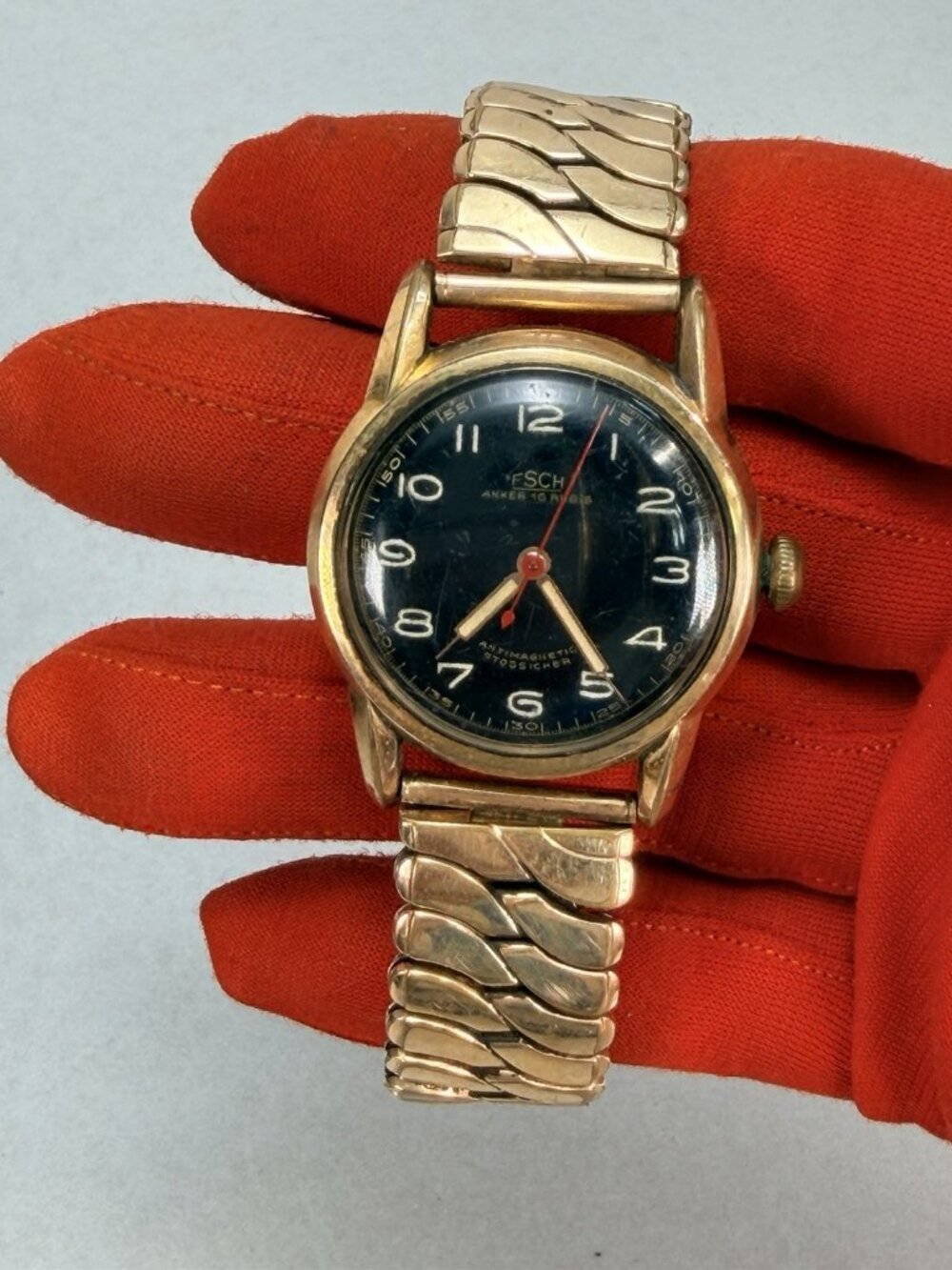 Vintage Germany FSCH Anker 16 Rubis Mechanical Watch Black Dial Runs